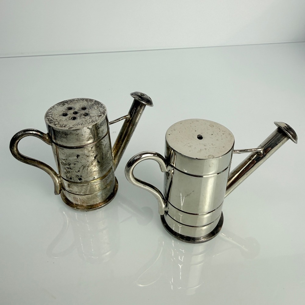 Watering Can Salt and Pepper Shakers Silver Tone Good Novelty Set